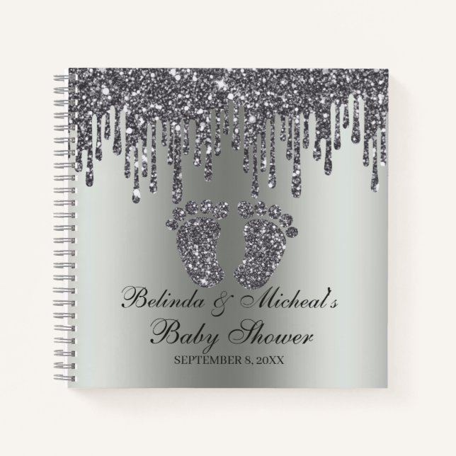 Glitter Drip Silver Feet Baby Shower Guestbook Notebook (Front)
