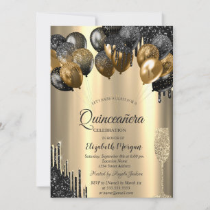 Glitter Drips Balloons Gold Quinceanera Invitation