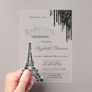 Glitter Drips,Black Eiffel Tower Sweet 16 Acrylic Invitations