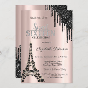 Glitter Drips,Black Eiffel Tower Sweet 16  Invitation