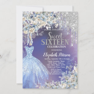 Glitter Drips,Blue Dress Flowers Violet Sweet 16 Invitation