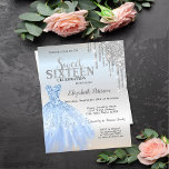 Glitter Drips,Blue Dress Silver Sweet 16  Invitation<br><div class="desc">Elegant blue dress and silver glitter drips on a silver background.</div>