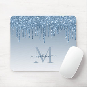 Glitter Drips Blue Sparkle Monogram Elegant Script Mouse Pad