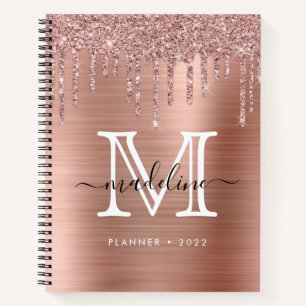 Glitter Drips Brushed Metal Rose Gold Monogram Notebook