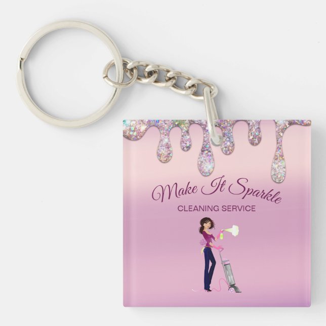 Glitter Drips Cartoon Maid Cleaning Service Keychain (Front)