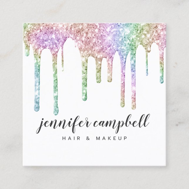 Glitter drips chic hair makeup holographic unicorn square business card (Front)