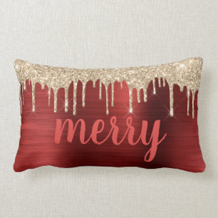 Glitter Drips Christmas Red Metallic Typography Lumbar Pillow