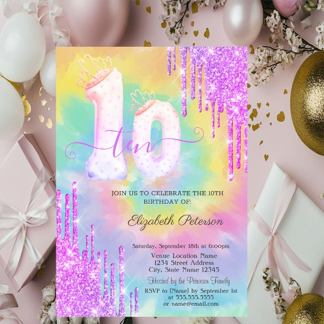 Glitter Drips Colourful Tie Dye 10th Birthday   Invitation (Creator Uploaded)