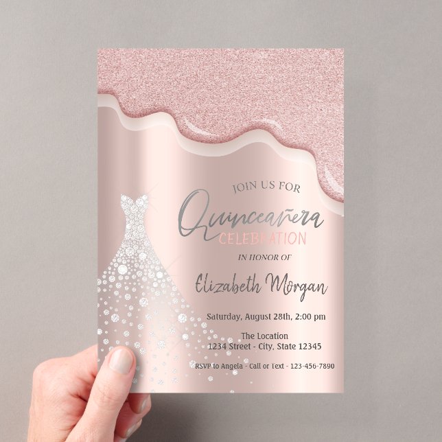  Glitter Drips Diamonds Dress Quinceañera  Acrylic Invitations (Insitu (Handheld))