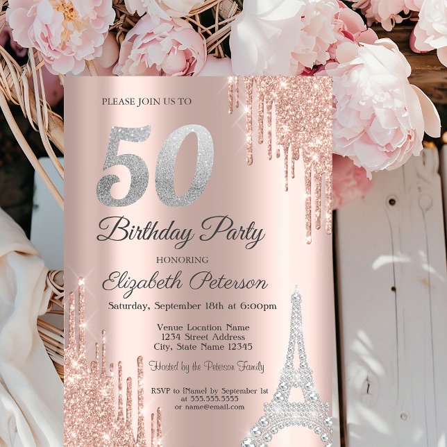  Glitter Drips,Diamonds Eiffel Tower 50th Birthday Invitation (Creator Uploaded)