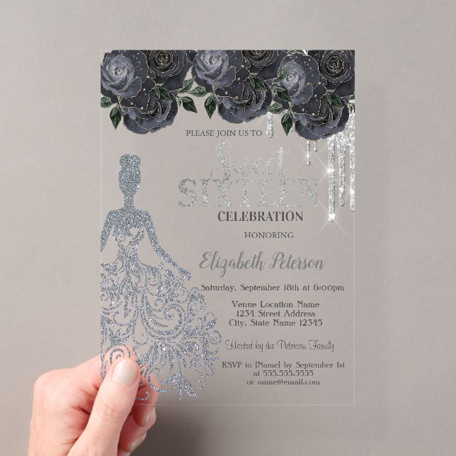 Glitter Drips,Dress Black Roses Sweet 16   Invitat Acrylic Invitations (Insitu (Handheld))