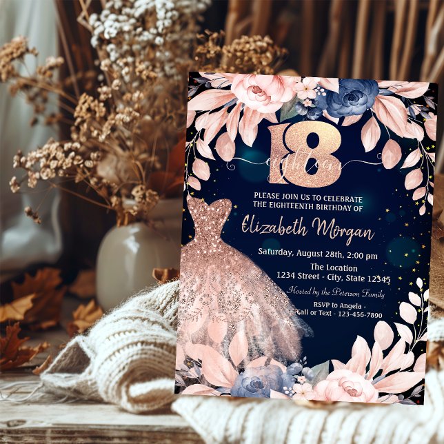 Glitter Drips Dress Blue Flowers 18th Birthday Invitation (Creator Uploaded)