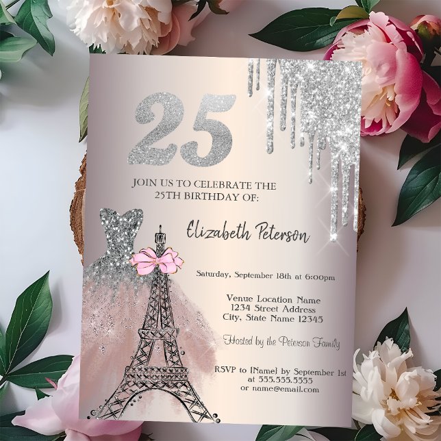 Glitter Drips Dress Eiffel Tower Bow 25th  Invitation (Creator Uploaded)