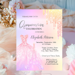 Glitter Drips,Dress,Eiffel Tower OmbreQuinceañera  Invitation