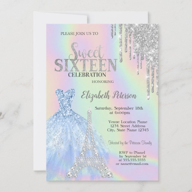 Glitter Drips,Dress,Eiffel Tower Opal Sweet 16   Invitation (Front)
