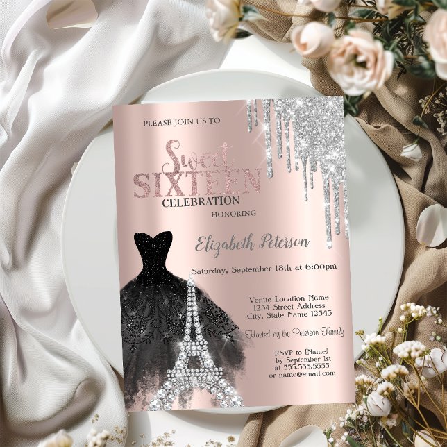  Glitter Drips,Dress,Eiffel Tower Sweet 16  Invitation (Creator Uploaded)