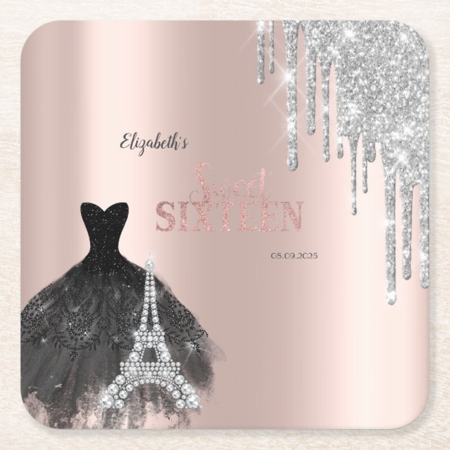 Glitter Drips,Dress,Eiffel Tower Sweet 16 Square Paper Coaster (Front)