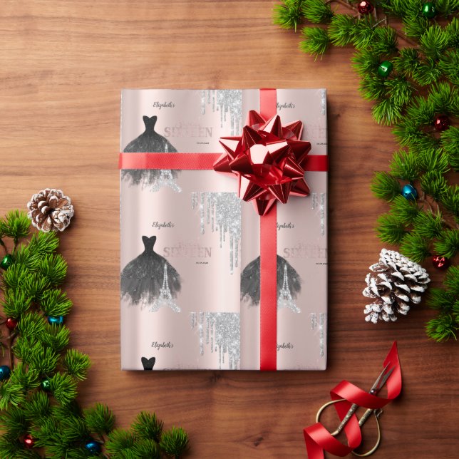 Glitter Drips,Dress,Eiffel Tower Sweet 16 Wrapping Paper (Holiday Gift)