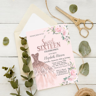 Glitter Drips,Dress,Flowers Pink Sweet 16  Invitation