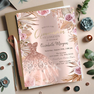 Glitter Drips Dress Pampas Flowers Quinceañera Invitation