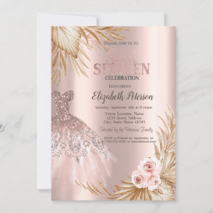 Glitter Drips,Dress,Pampas Rose Gold Sweet 16   Invitation