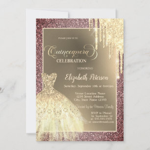 Glitter Drips,Dress Rose Gold Glitter Quinceañera Invitation