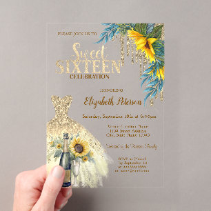 Glitter Drips,Dress,Sunflowers Blue Sweet 16 Acrylic Invitations