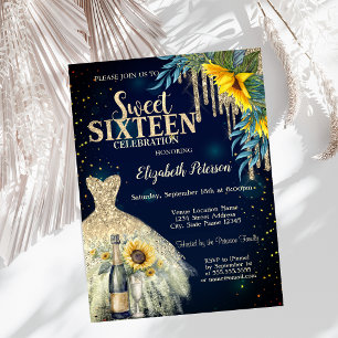 Glitter Drips,Dress,Sunflowers Blue Sweet 16 Invitation