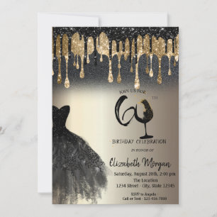 Glitter Drips Dress Wine Glass Gold 60th  Invitation