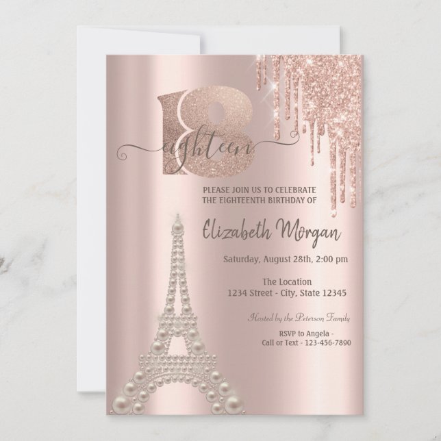 Glitter Drips Eiffel Tower 18th Birthday  Invitation (Front)