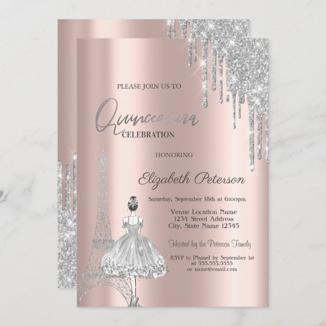 Glitter Drips,Eiffel Tower Ballerina Quinceañera Invitation (Front/Back)