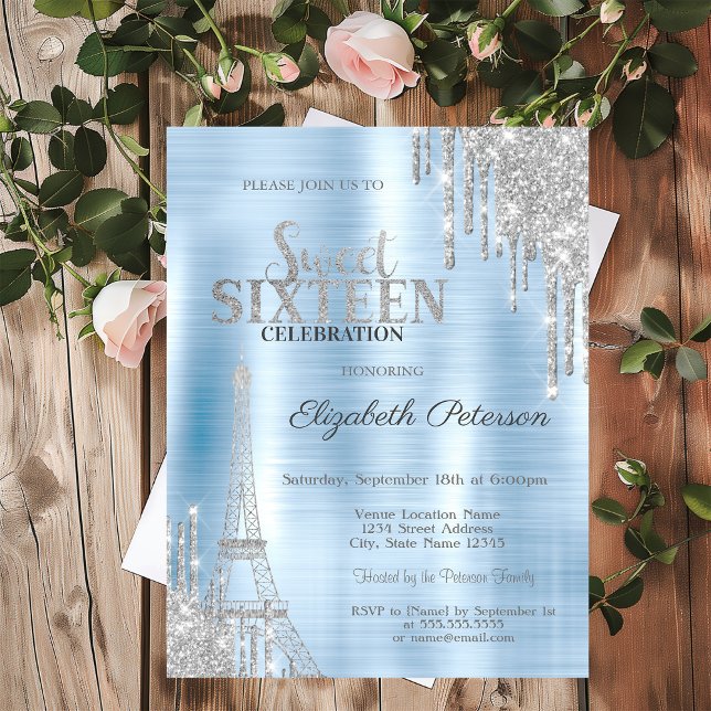 Glitter Drips, Eiffel Tower Blue Metallic Sweet 16 Invitation (Creator Uploaded)