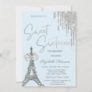  Glitter Drips Eiffel Tower Bow Blue Sweet 16   Invitation