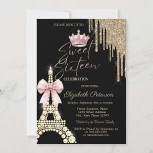 Glitter Drips,Eiffel Tower Bow Crown Sweet 16 Invitation