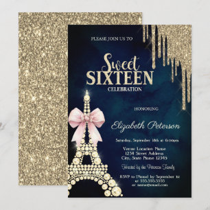 Glitter Drips,Eiffel Tower Bow Navy Blue Sweet 16  Invitation