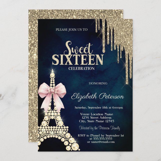 Glitter Drips,Eiffel Tower Bow Navy Blue Sweet 16  Invitation (Front/Back)