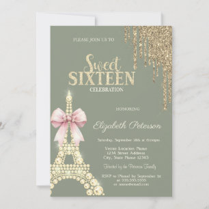 Glitter Drips,Eiffel Tower Bow Sage GreenSweet 16 Invitation