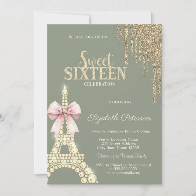 Glitter Drips,Eiffel Tower Bow Sage GreenSweet 16  Invitation (Front)