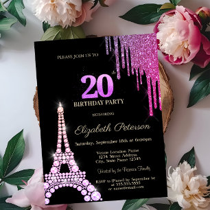Glitter Drips,Eiffel Tower Diamonds 20th Birthday Invitation