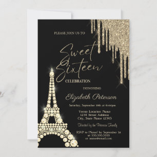 Glitter Drips,Eiffel Tower Diamonds Sweet 16 Invitation