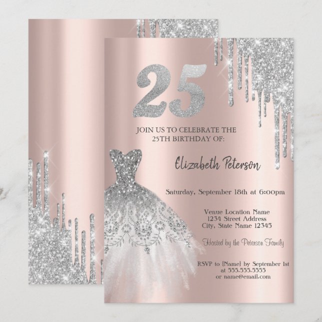 Glitter Drips, Eiffel Tower Dress 25th Birthday Invitation (Front/Back)