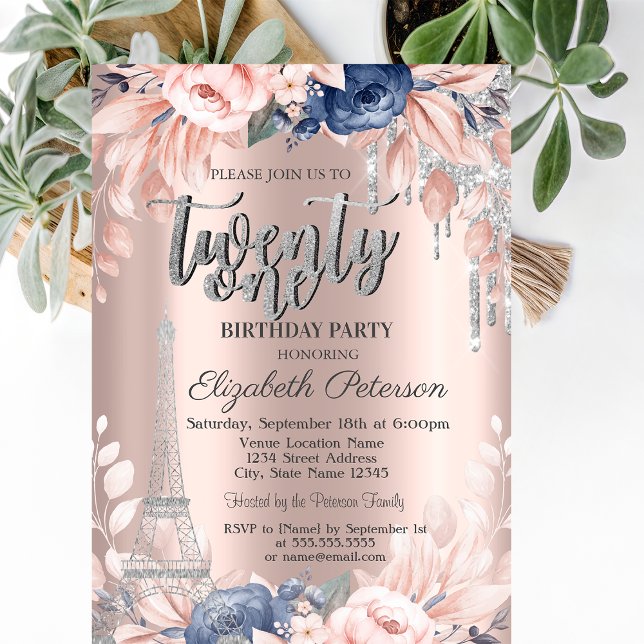  Glitter Drips,Eiffel Tower Flowers 21th Birthday  Invitation (Creator Uploaded)