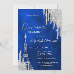Glitter Drips, Eiffel Tower Royal Blue Quinceañera Invitation