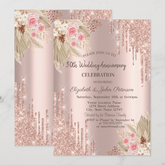 Glitter Drips,Flower Rose Gold Wedding Anniversary Invitation (Front/Back)