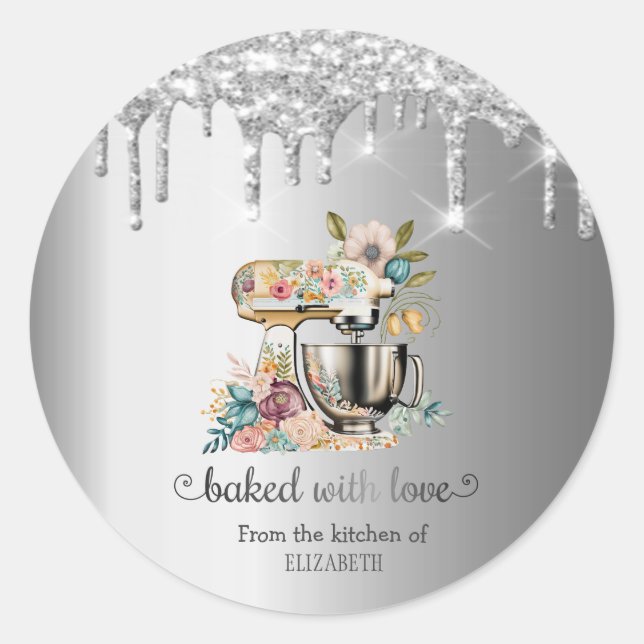 Glitter Drips Flowers Bakery Cake Mixer Classic Round Sticker (Front)