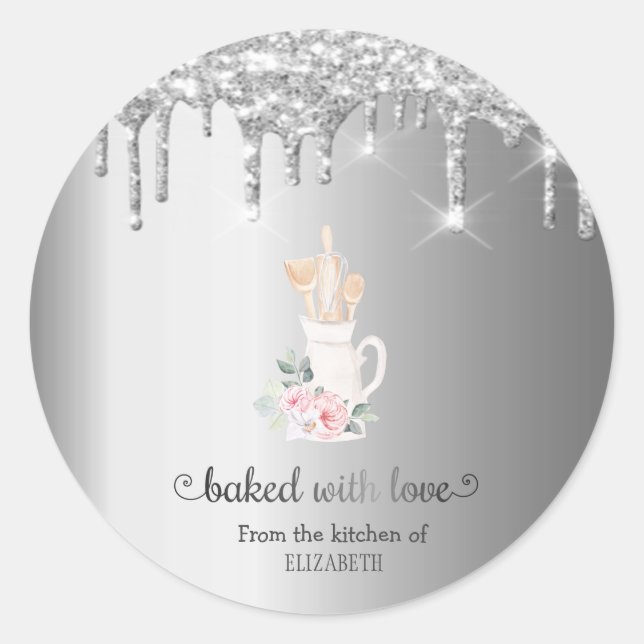 Glitter Drips Flowers Bakery Pastry Hand Tools Classic Round Sticker (Front)