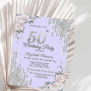 Glitter Drips,Flowers Lavander 50th Birthday Invitation