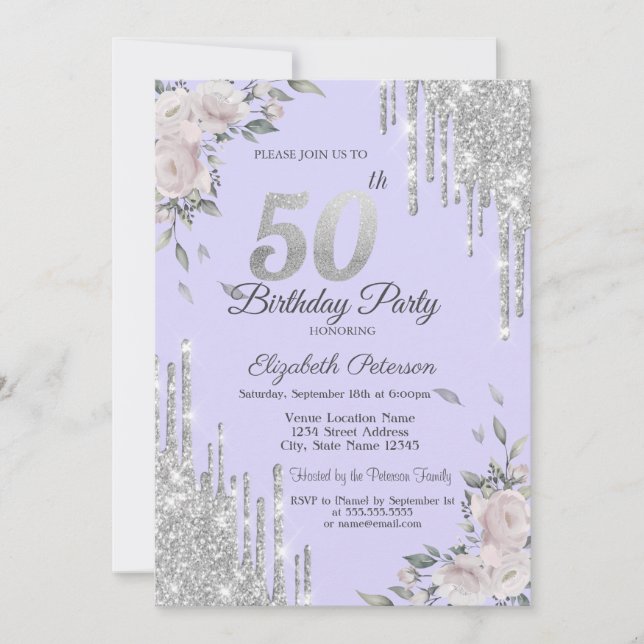 Glitter Drips,Flowers Lavander 50th Birthday Invitation (Front)