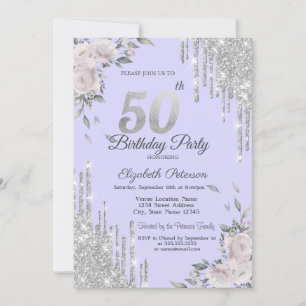 Glitter Drips,Flowers Lavander 50th Birthday Invitation