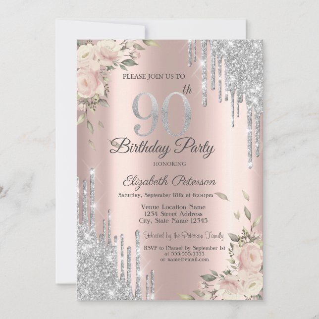 Glitter Drips,Flowers Rose Gold 90th Birthday Invitation (Front)